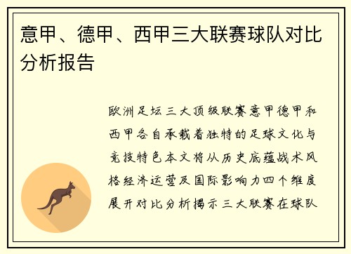 意甲、德甲、西甲三大联赛球队对比分析报告
