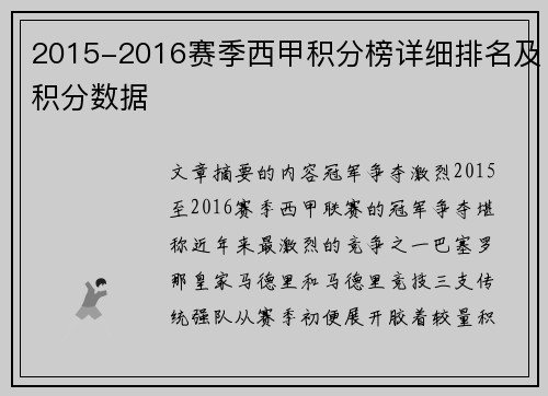 2015-2016赛季西甲积分榜详细排名及积分数据